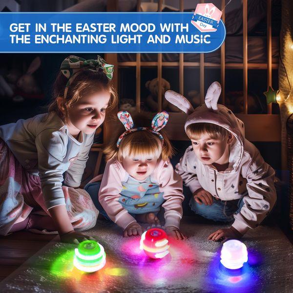 Easter Eggs Light Up Spinning Tops Toys, Gyroscope Flashing with Music and LED Lights UFO Magic Fidget Ball Novelty Bulk Toys, 6 PCS Easter Egg Hunt Fillers Kit, Gifts for Kids Boys Girls 3+ 3