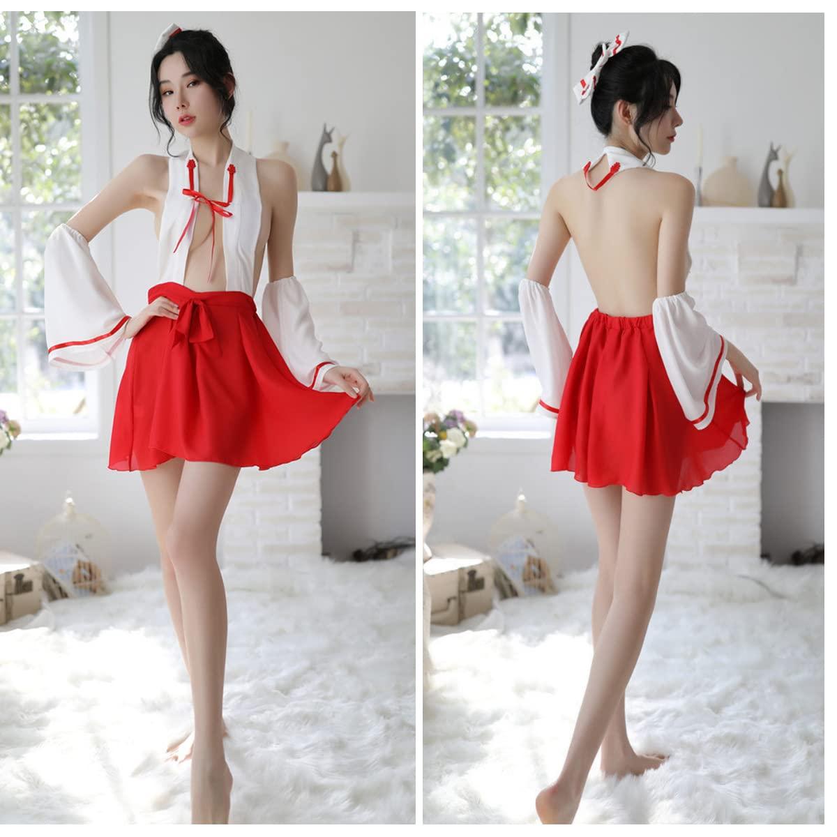 SINROYEE Lady's Japanese Anime Cosplay Outfit Witch Dress Costume Sexy Witch Lingerie For Women Naughty Sexy Kimono (White+red#2) 4