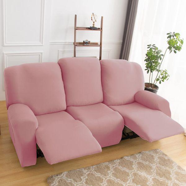 Qelus Stretch Recliner Chair Cover,8-Pieces Sofa Cover Slipcover Couch Covers,Armchair Cover Non-Slip Furniture Protector,Elastic Spandex Soft Recliner Chair Protector with Side Pocket(3 Seater Pink)