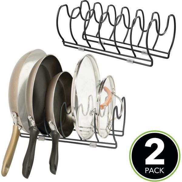 mDesign Set of 2 Pot Lid and Pan Racks - Metal Wire Rack for Cookware Storage - Freestanding Pan Stand for Pans, Pots, Lids and Crockery - Black 1