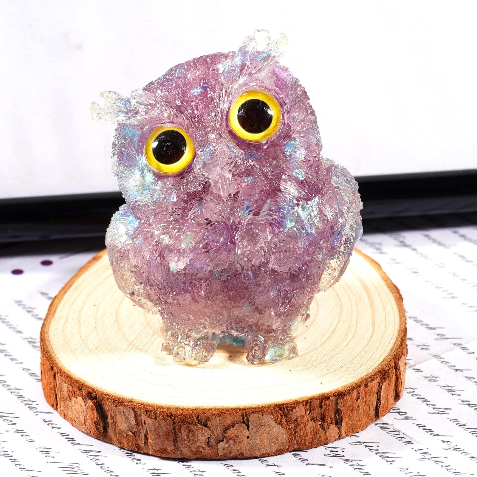 Soulnioi Gemstone Moon Necklace Antique Silver Plated Crystal Necklace Pendant, Crystal Owl Statue Ornament Resin Chip Stones Figurine for Home Office Decor (Amethyst) 2