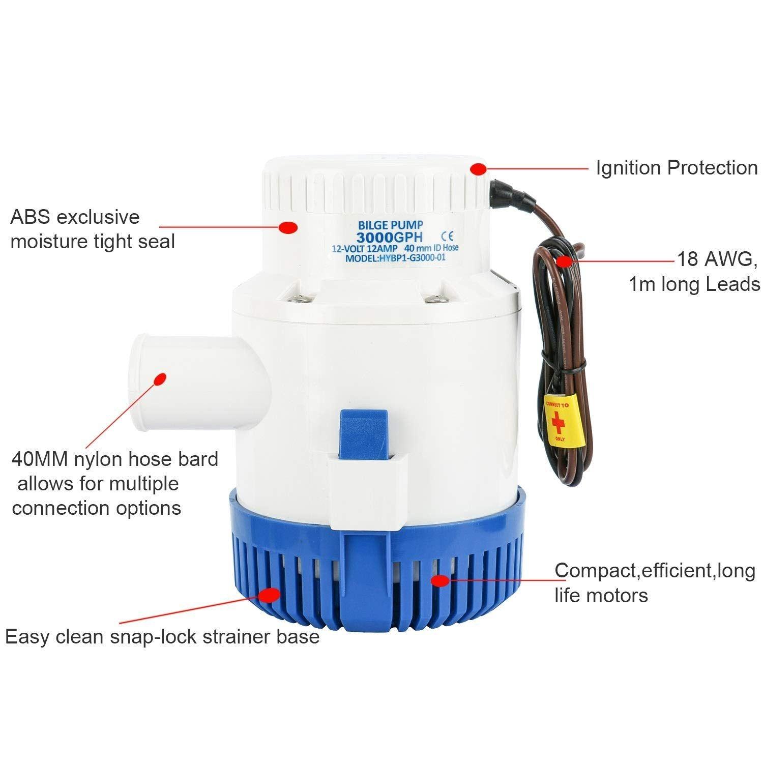 DasMorine 3000 GPH/3500 GPH 12v Boat Marine Plumbing Electric Bilge Pump 1 1/2"(40MM) Outlet 12 AMP 15 AMP Fuse (3000 GPH) 1