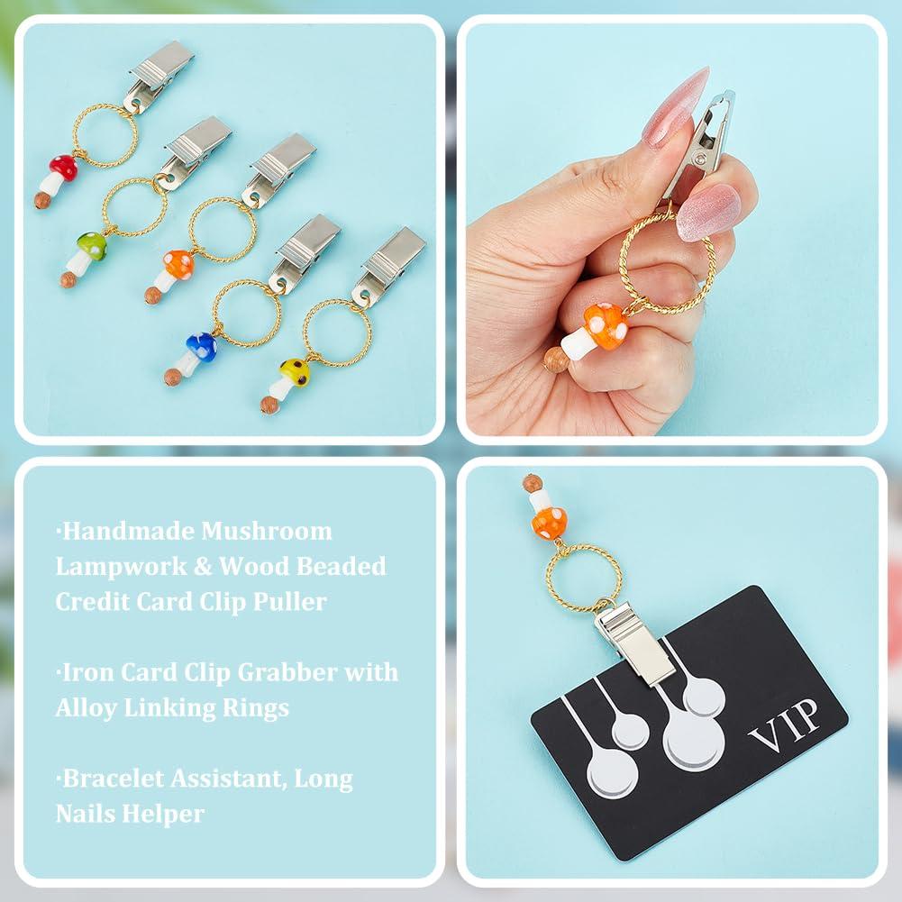 OLYCRAFT 5 Pcs Credit Card Puller Mushroom Lampwork Card Grabber Natural Wood Bead Debit Card Pullers ATM Credit Card Grabber with Alloy Linking Rings for Long Nails Helper Tool -8.7cm 3