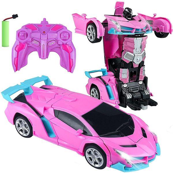 YongnKids Remote Control Cars for Kids, Rc Car for 3 Year Old Boys Gift, 2 in 1 Deformation Robot Toy Cars 1:18 Scale with LED Light & 360° Speed Drifting, Best Stunt Car Toys for Boys Girls (Pink) 0