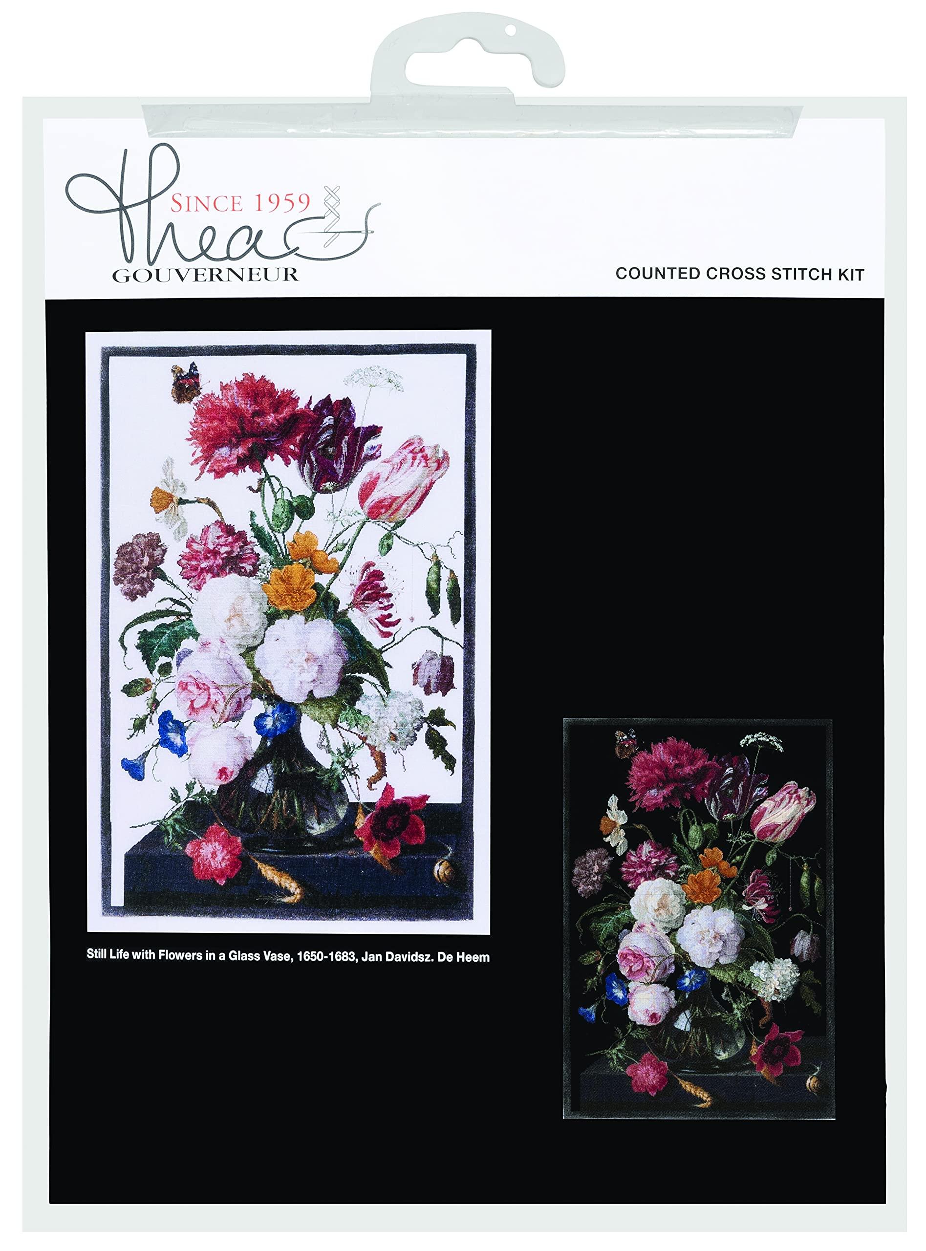 Thea Gouverneur - Counted Cross Stitch Kit - Still Life with Flowers in a glass Vase - Linen - 36 count - for Adults - DMC Embroidery Threads and other Cross Stitch Supplies Included - 785 4