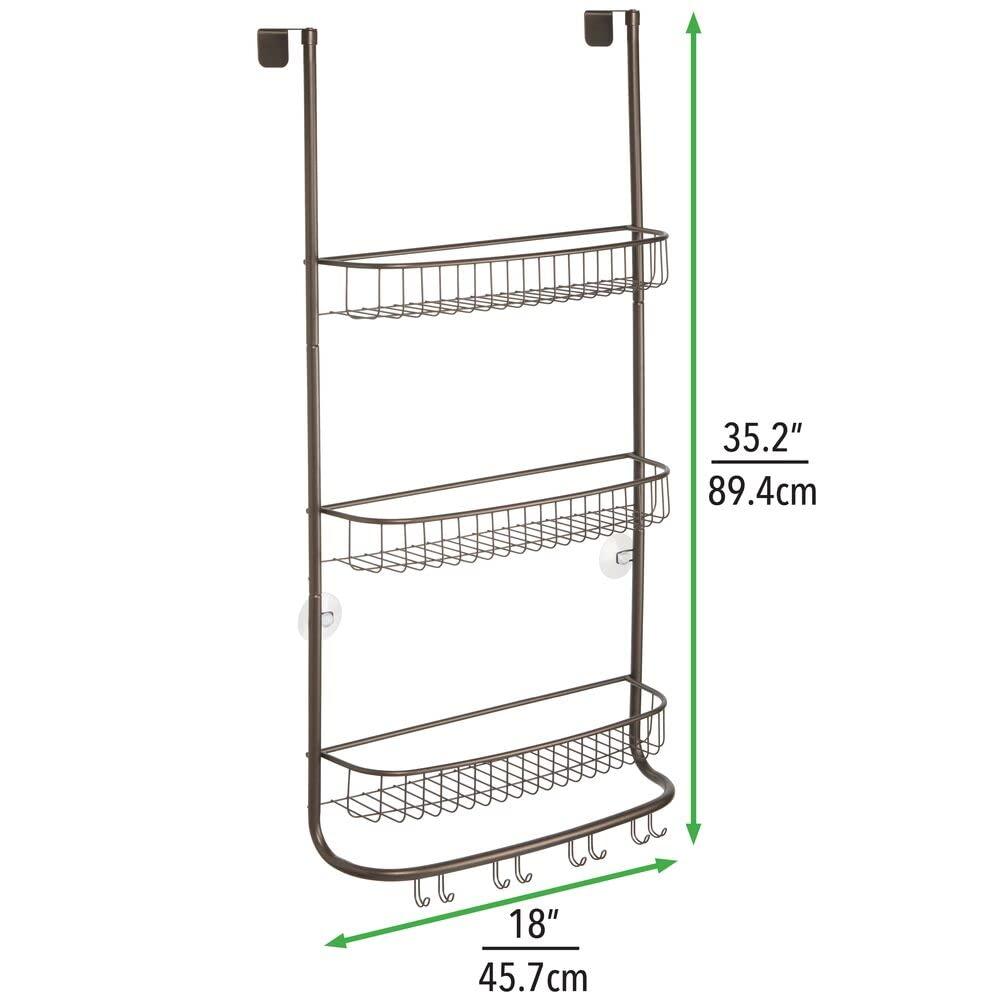 mDesign Over Door Shower Caddy - Hanging Shower Shelves with Storage Hooks - 3 Hanging Shower Baskets and 4 Double-Hooks for Organising Shower Accessories - Bronze 4