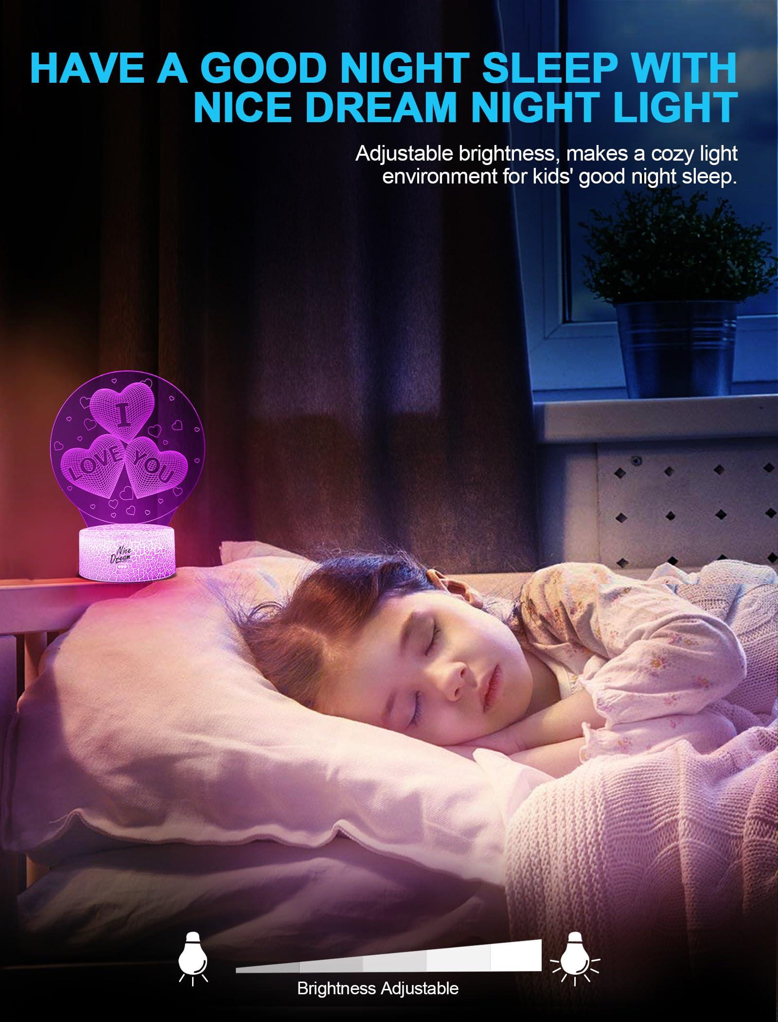 Nice Dream I Love You Heart Night Light for Kids, 3D Illusion Night Lamp, 16 Colors Changing with Remote Control, Room Decor, Gifts for Children Boys Girls 3