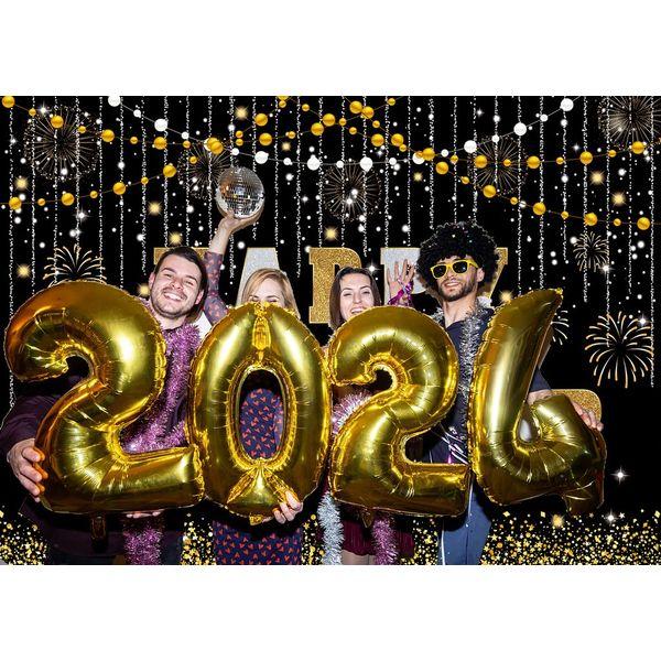 INRUI Happy New Year Backdrop Black and Gold Photography for New Year Eve Party 2024 Golden Glitter Firework New Year Party Decoration (8x6FT) 2