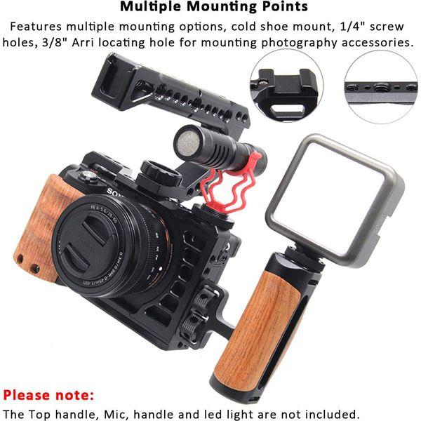 Easy Hood Camera Cage for Sony A7C / ILCE-7C, Vlogging Video Rig Stabilizer Accessories with Wooden Handle Grip, Cold Shoe, 1/4" Mounting Points and 3/8" Locating Hole 1