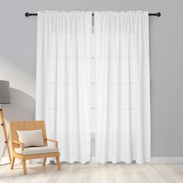 Melodieux 2 Panel Faux Linen Voile Net Curtains Semi Sheer Rod Pocket Drapes for Bedroom, Living Room, Window - White, 55 x 96 inch drop (140 x 245cm) 0
