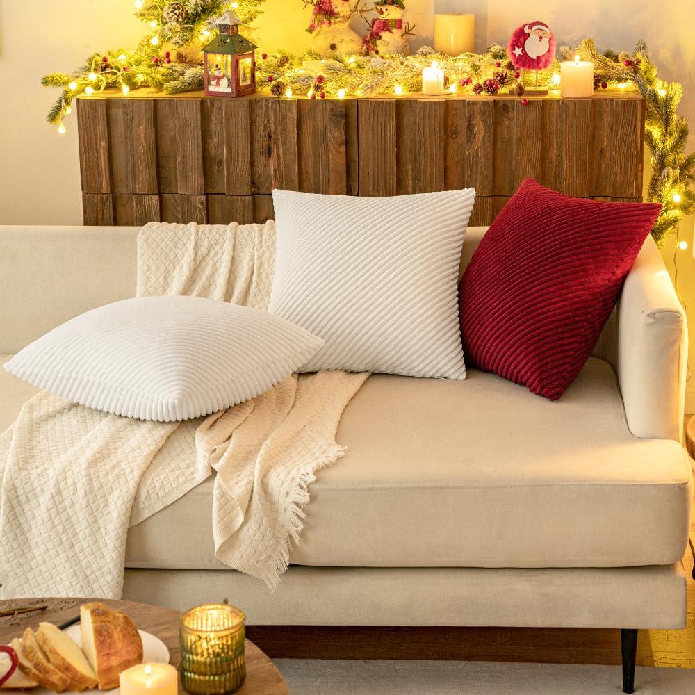 MIULEE Set of 2 Christmas Cushion Covers Diagonal Striped Corduroy Throw Pillow Covers Decorative Pillows Pillowcases Decoration for Sofa Couch Living Room 45x45 cm 18x18 Inch Pure White 4