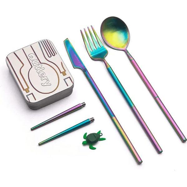 Outlery Full Set | Portable & Reusable Stainless Steel Travel Cutlery Set and Reusable Chopsticks with Case for Camping, Picnic, Office and On-The-Go (Pocket Sized Flatware Set) (Rainbow)