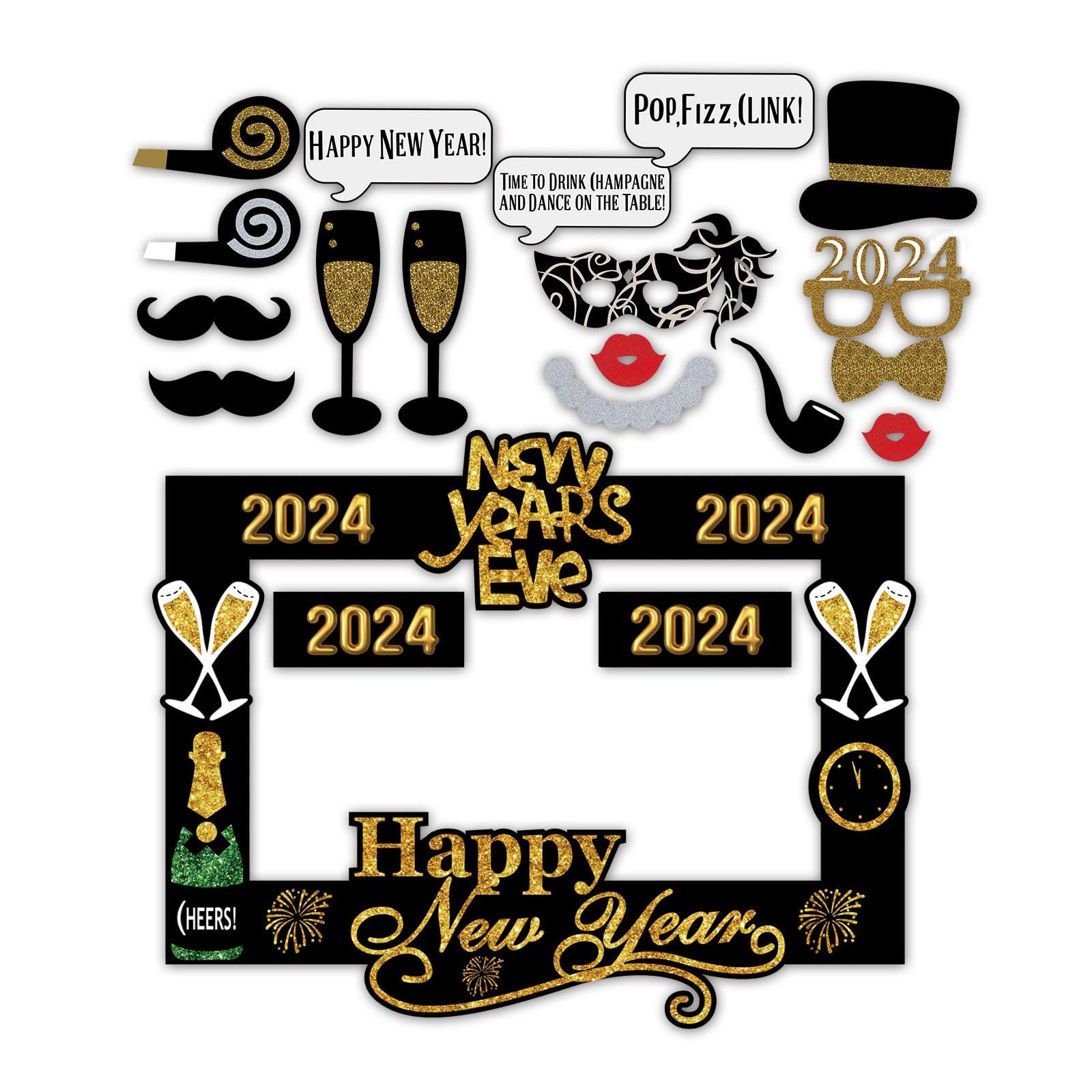 SWSATYW 2024 Happy New Year's Eve Party Photo Booth Props Decoration with Card Frame(Pack of 18) 2