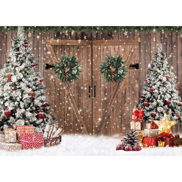 INRUI Christmas Wooden Door Pine Trees Photography Background Glitter Winter Chrisrmas Gift Boxes Family Holiday Party Decoration Backdrop (8x6FT) 4