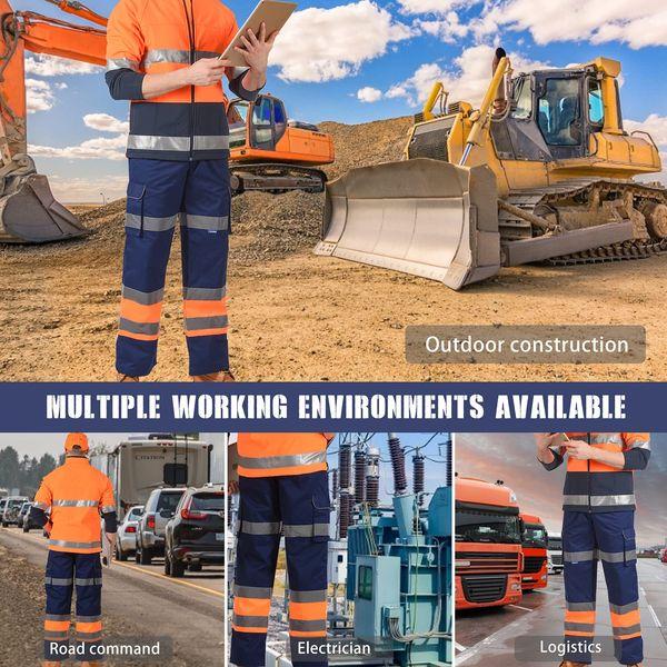 AYKRM Hi Vis Trousers high Visibility Cargo Workwear Pants Reflective Tape Work Trousers (Orange&Navy, 32W/30L) 4