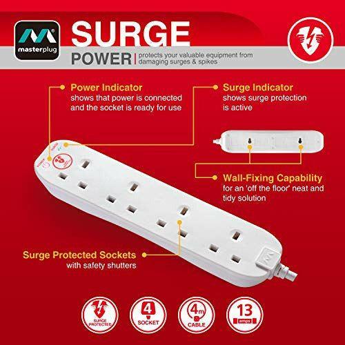 Masterplug Four Socket Power Surge Protected Extension Lead - 4 Metres - White 2
