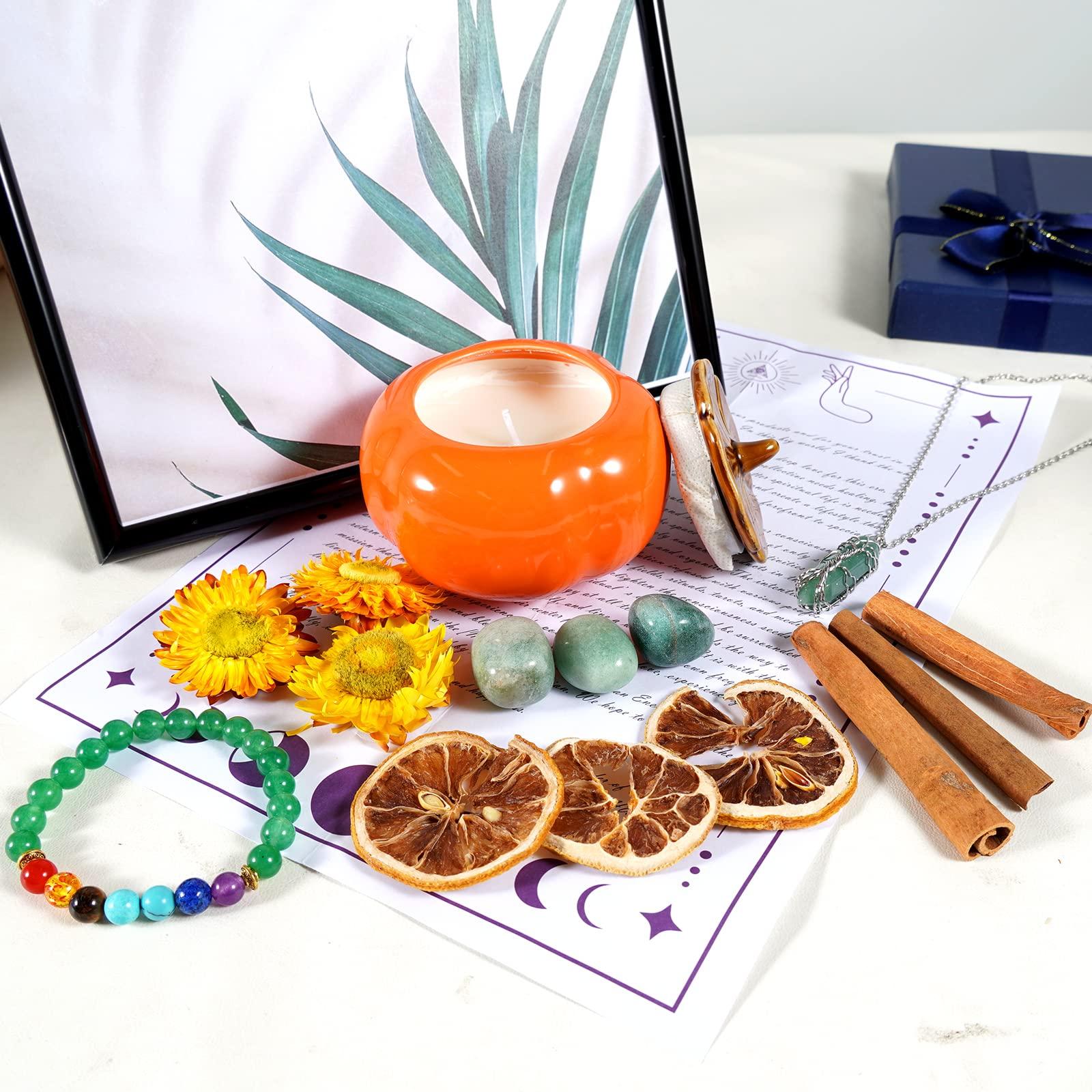 Soulnioi Aromatherapy Gift Set Scented Candle Orange Persimmon Citrus Candle 7 Chakra Green Aventuine Crystal Stones Bracelet Necklace Dry Flower of DIY Relaxation Reiki for Birthday Women Gift 1