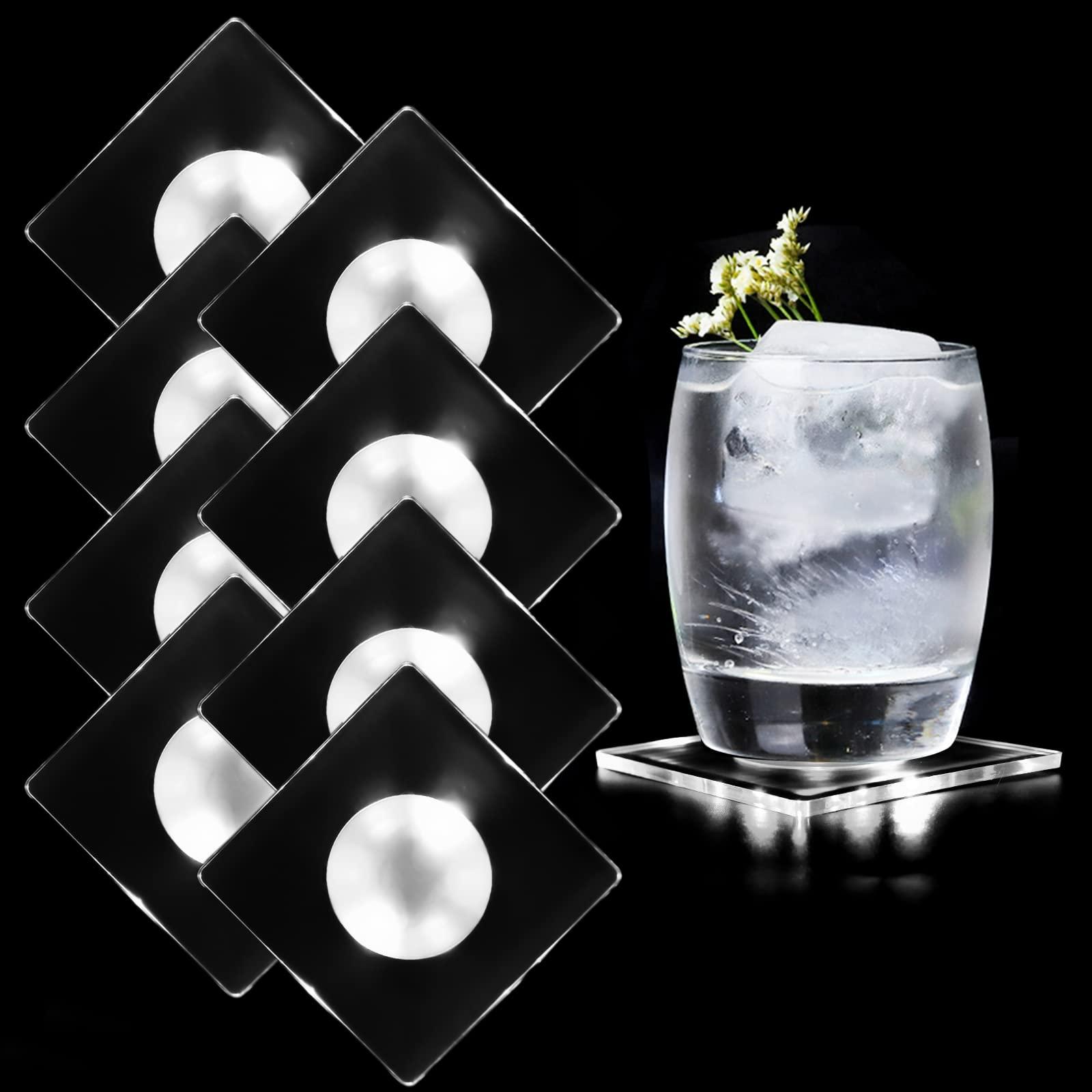 MEDOYOH Set of 8 Square Cool White LED Coasters for Drinks, ON/OFF Disposable Light Up Coasters, Daily Waterproof Acryl Beer Coasters Cocktail Coasters for Parties Weddings Bar Christmas Home Pub