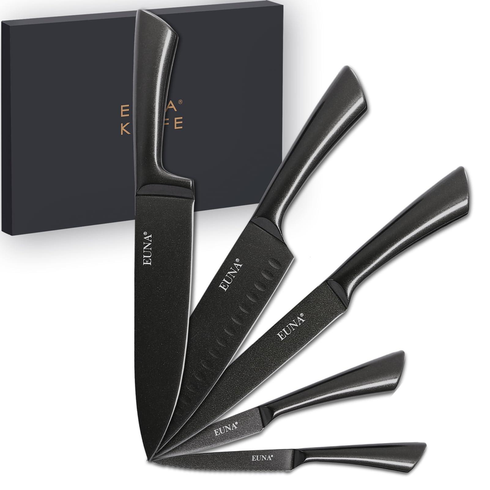 EUNA 5 PCS Kitchen Knife Sets Professional Sharp Knives Set with Cover&Gift Box Durable Cooking Japanese Knives Set for Carbon Steel Ninja Knives with Integrated Handle&Non-Stick Coating 0