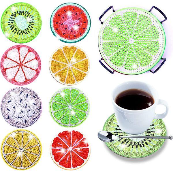 8 Pcs Diamond Painting Coasters with Holder,DIY Diamond Art Crafts for Adults, Small Diamond Painting Kits Accessories (Fruit) 0