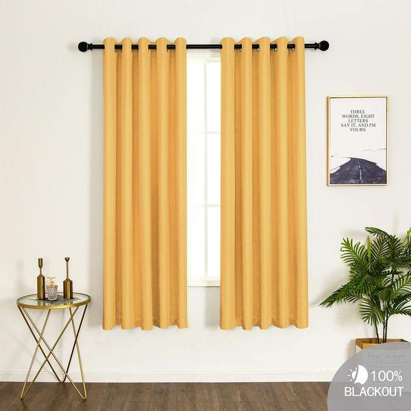 Matt Satin 100% Thermal Blackout Ochre Yellow Eyelet Curtain Extra Wide Floor Window Treatment Drapes 2 panels for Bedroom, Livingroom, Kids Nursery Room W90 x L90 inch Satin Curtains (Ochre, 90x90") 1