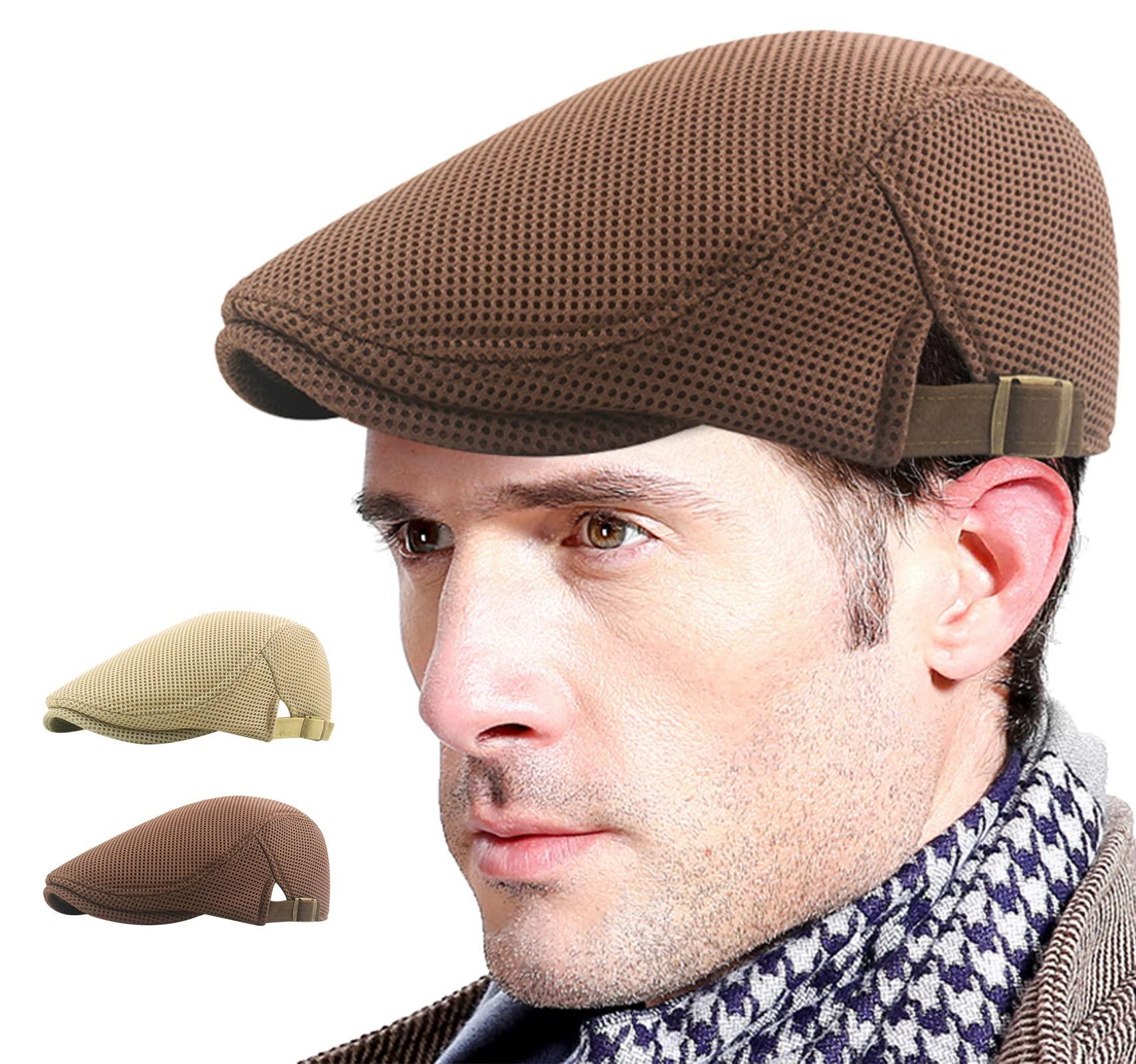 FEOYA Men's Mesh Flat Cap Newsboy Beret Duckbill Cabbie Ivy Hat Adjustable Irish Gatsby Driving Caps Unisex Women's Summer Breathable Solid Color Hat 01 Khaki+Coffee 2 Pack