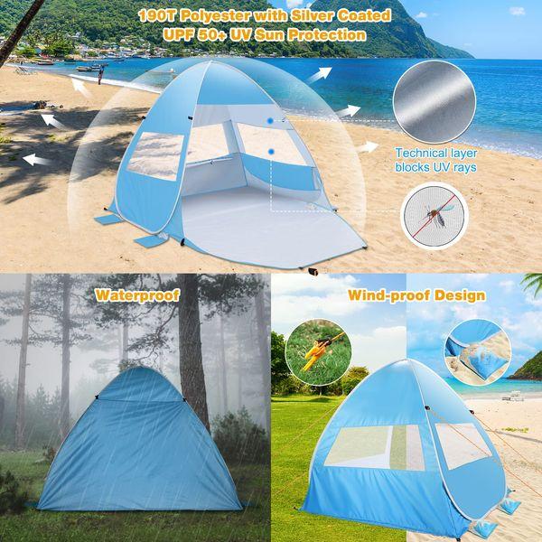 Pop Up Beach Tent for 1-3 Person/2-4 Person, UPF 50+ UV Sun Shelter, Automatic Instant Portable Beach Tent, Sun Shade Shelter with 4 Sides Ventilation Design, Outdoor Pop Up Tent for Family 3