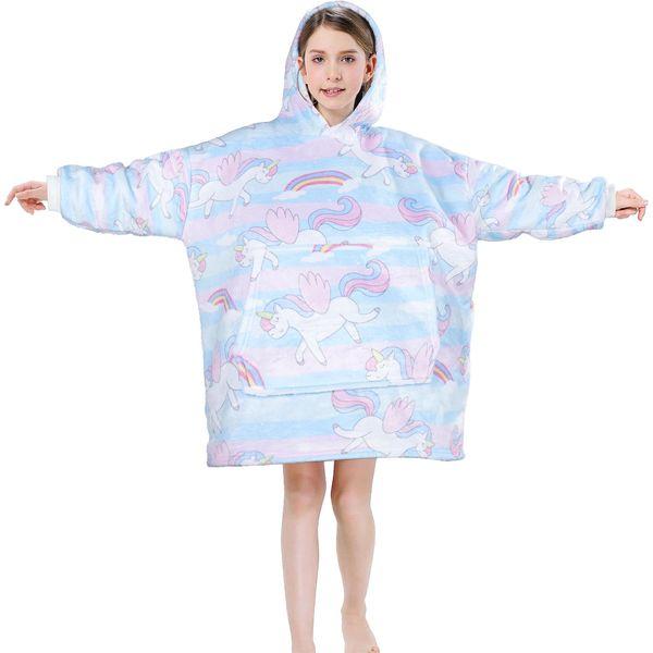 Queenshin Unicorn Wearable Blanket Hoodie,Oversized Sherpa Comfy Sweatshirt for Kids Teens Girls 7-16 Years,Warm Cozy Animal Hooded Body Blanket Pink 1