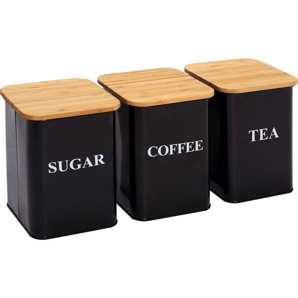 Morezi 3 Pack Kitchen Canisters Set Tea Coffee Sugar Kitchen Tins Storage Set - Wooden Airtight Lids - Countertop Storage - Saving, Carbon Steel Safty - Gray