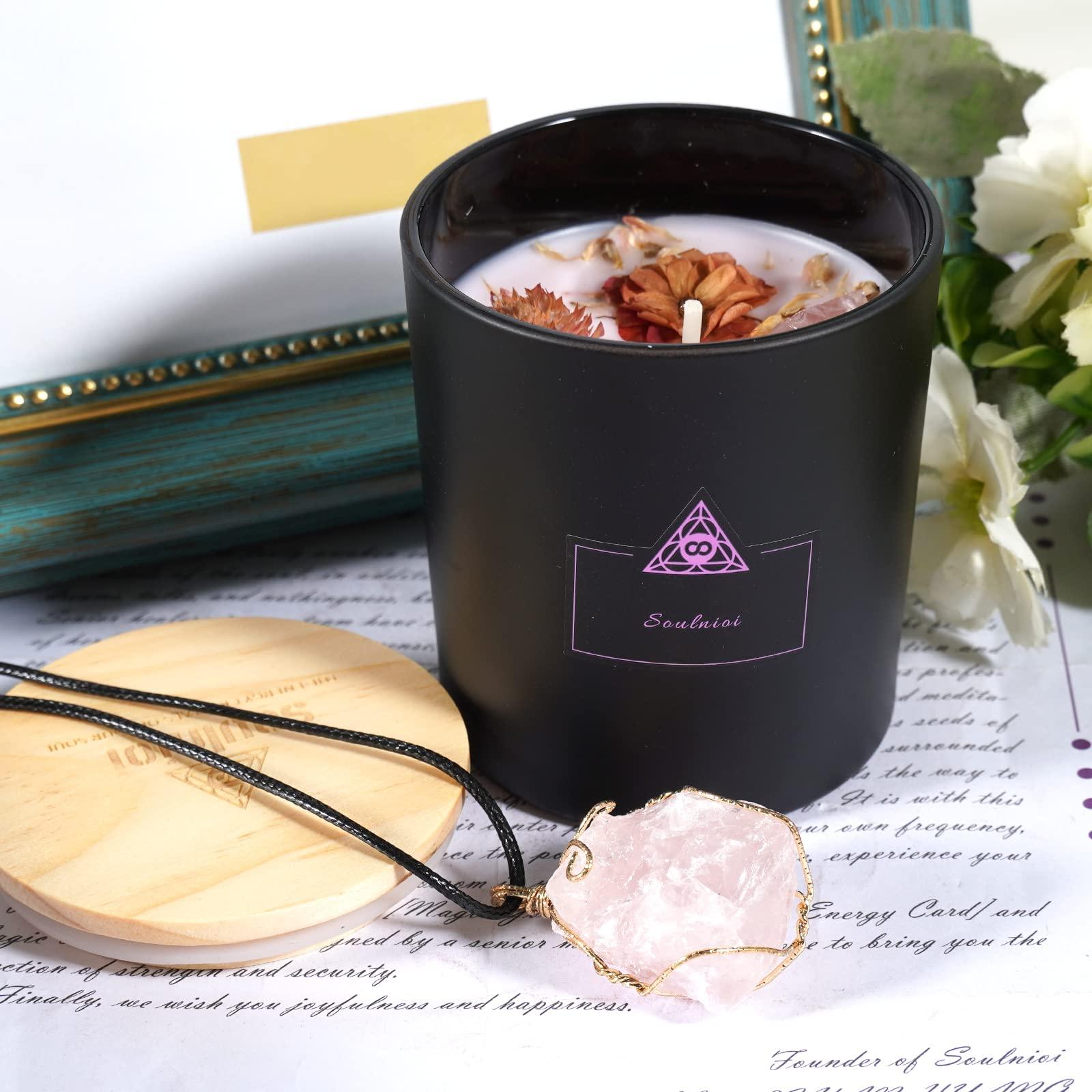 Soulnioi Scented Candle Set Black Cup Soy Wax Aromatherapy Candle with Crystal and Dry Flower Sakura Fragrance and Rose Quartz Crystal Pendant Necklace of Stress Realxtion for Wedding Birthday Gift 1