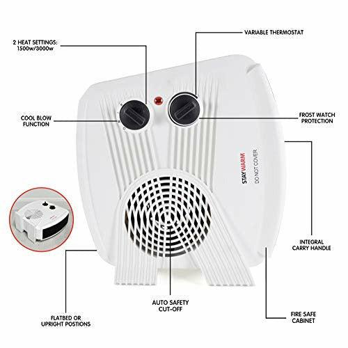 STAYWARMÂ® 3000w Upright and Flatbed Fan Heater with 2 Heat Settings / Cool Blow Fan / Variable Thermostat / Frost Watch / Overheat Protection / GS Approved - F2035WH - White 3