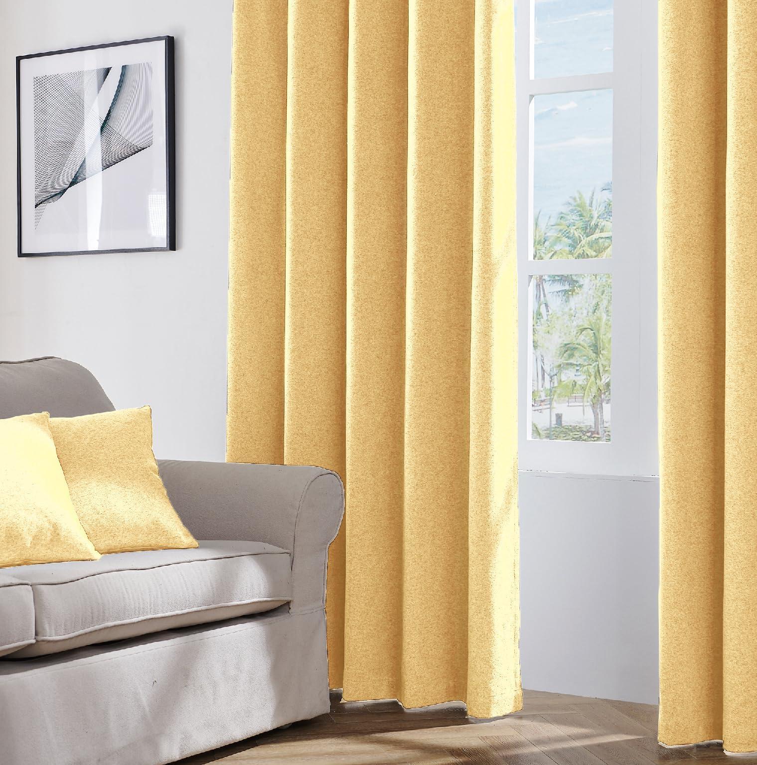 COASTLINE Luna brushed blackout eyelet curtains Ochre Yellow thermal insulated window treatment 2 panels blinds floor curtains for bedroom,Livingroom,Kids nursery room Width 90" x Drop 72" 1