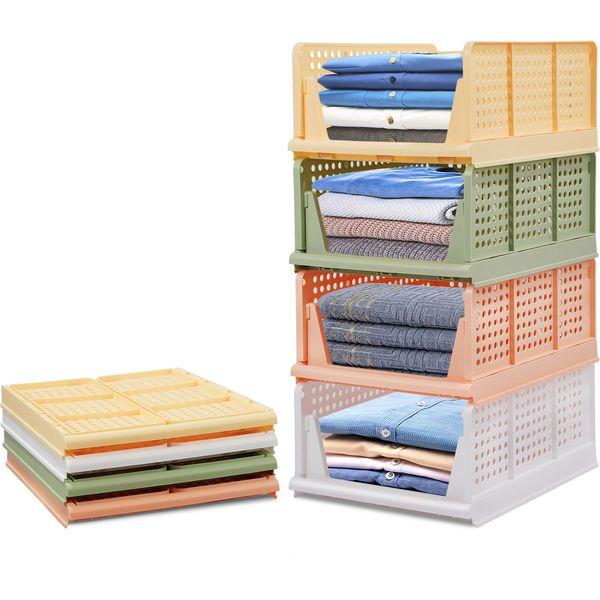 Tuevob Collapsible Drawer Organizer 4 Pack Storage Baskets Crate Plastic Wardrobe Storage Box Stackable Cloth Closet Shelf Container Bin Cube Bedroom Laundry Drawer Divider Snack Organization-Colorful