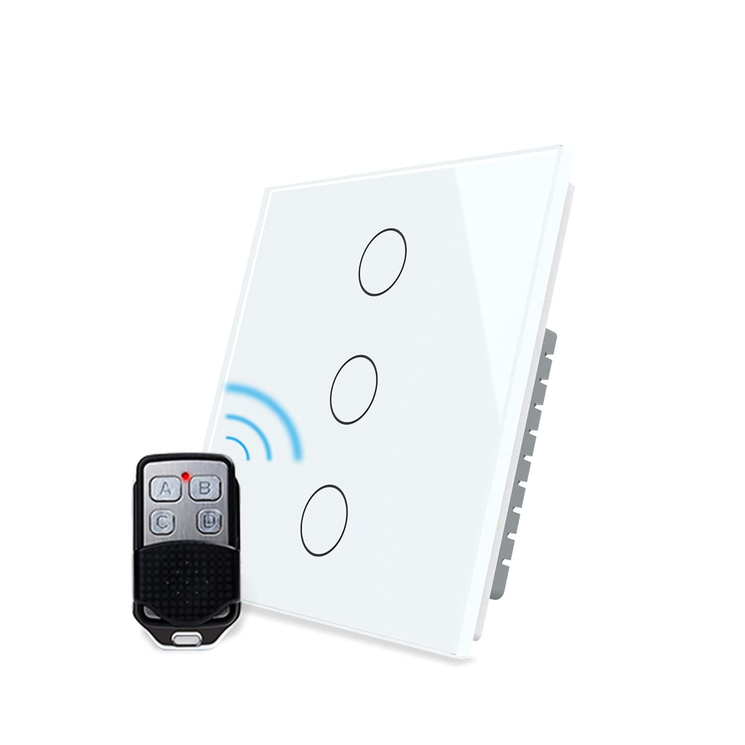 LIVOLO Black Remote Wireless Wall Touch Light Switch(No Neutral),Wireless Control Switch with LED Indicator,Scratch-resistant Tempered Glass Panel,Including RF controller,3 Gang 1 Way,VL-B603R-3BG 0