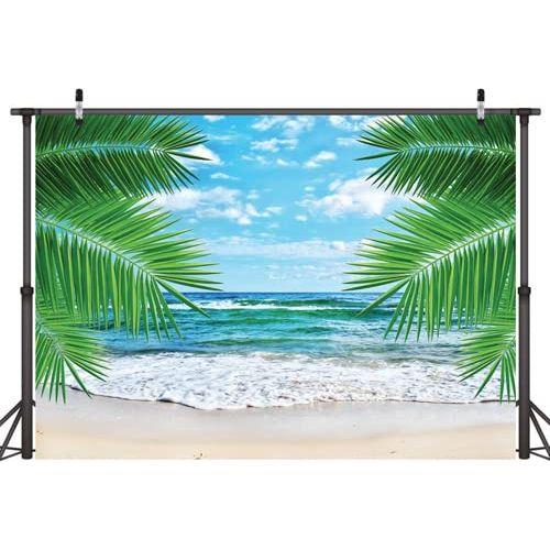 LYWYGG 10x8FT Tropical Beach Backdrop Vinyl Palm Trees Blue Sky Background for Photography Wedding Decoration Photography Backdrop Beach Backdrop CP-7-1008