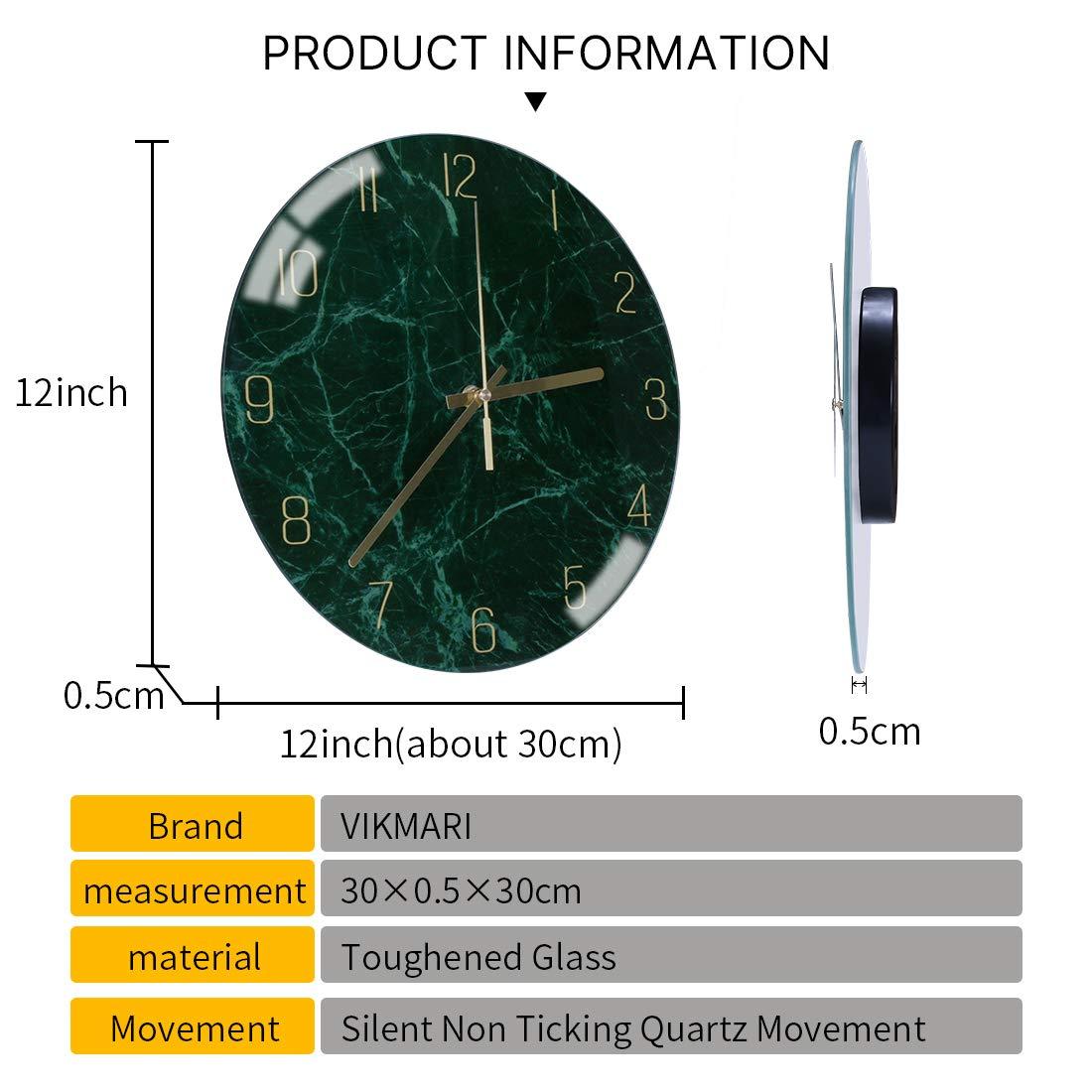 VIKMARI Glass Wall Clock 12 Inch Decorative Green Marble Clocks Silent Non Ticking Battery Operated Wall Clocks for Home Office School Decor 3