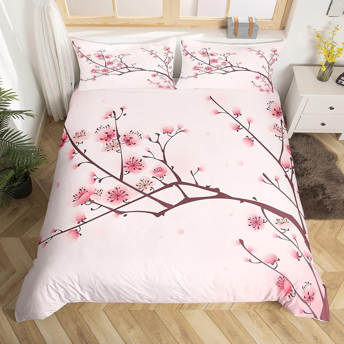 Cherry Blossoms Duvet Cover Set Sakura Flowers Branch Comforter Cover Pale Pink Bedding Set For Girly Girls Teens Kids Child,Japanese Spring Quilt Cover Single Size 1 Duvet Cover With 1 Pillow Case 0