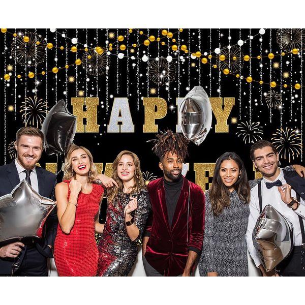 INRUI Happy New Year Backdrop Black and Gold Photography for New Year Eve Party 2024 Golden Glitter Firework New Year Party Decoration (8x6FT) 1