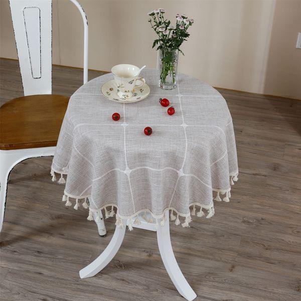 NEWISHER Farmhouse Rustic Embroidery Tablecloth Round Tassel Plaid Table Cloth Fabric Heavy Weight Table Cover for Kitchen Dining Party Tabletop Decoration Brown 150 cm 2
