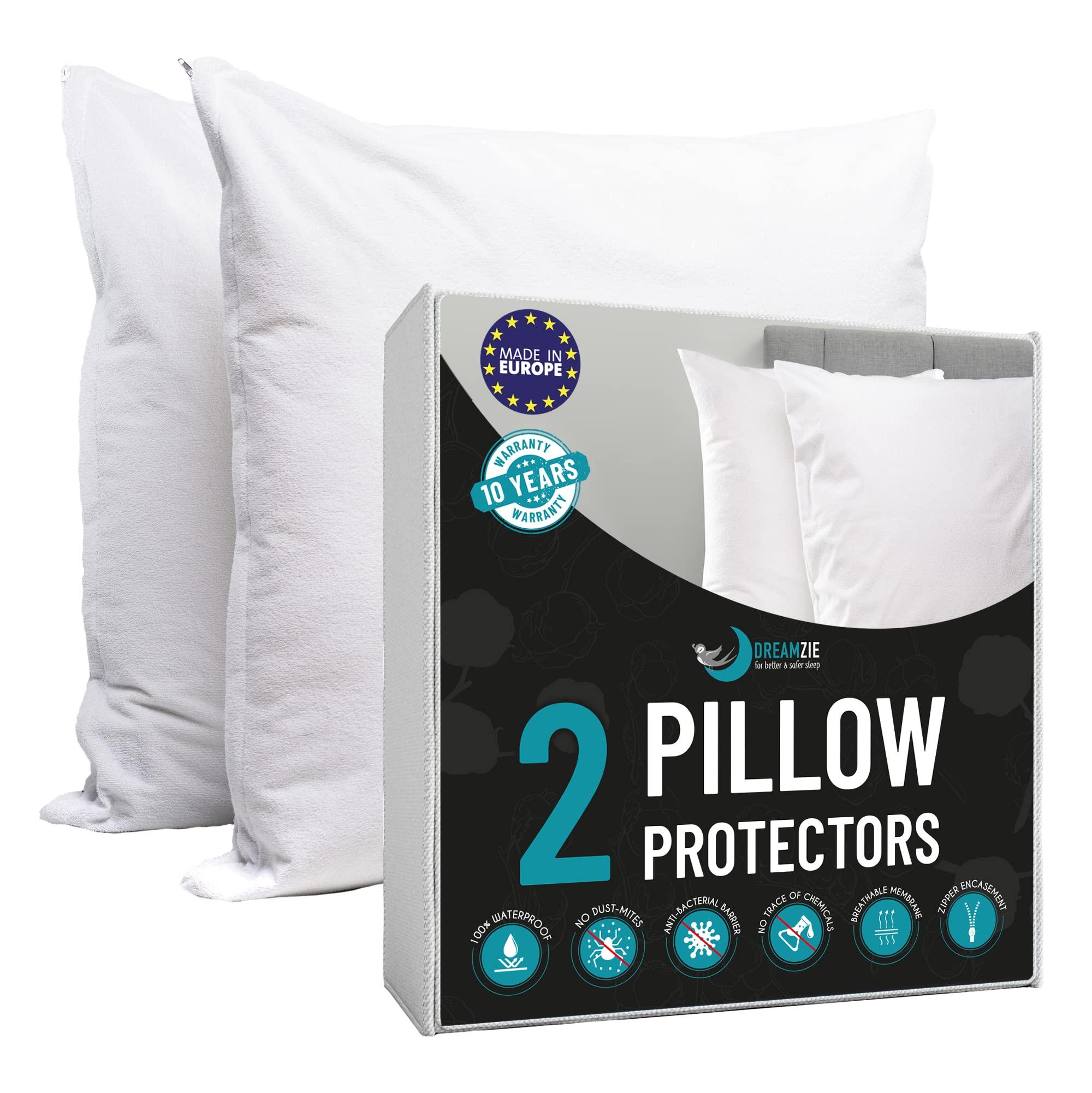 Dreamzie - Pack of 2 Pillow Protector Waterproof with Zipper - For Pillows 40 x 70 cm - White Cotton Outer Cover Oeko Tex® - Breathable, Hypoallergenic, Anti-Dust Mite, Anti-Bacterial