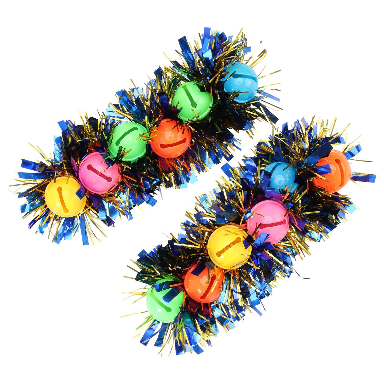 Amosfun 2Pcs Christmas Band Wrist Bells Christmas Jingle Bells Bracelet With Glitter Tinsel Wristband For Christmas Carnival Party Instrument Percussion Rhythm Toys Supplies (Blue)
