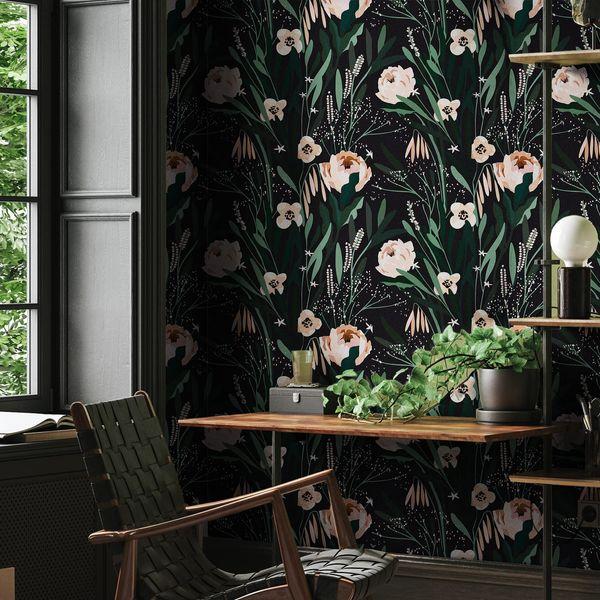 VaryPaper Pink Flower Wallpaper Self Adhesive Floral Black Contact Paper 44.5cmx800cm Sticky Back Plastic Furniture Vinyl Wrap Lining Paper Botanical Wall Art for Living Room Worktop Vinyl Covering 2