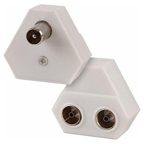 1STec 90Â° Right Angled 2 Way Standard Coax Connector Roof Top Aerial Wire Wall Outlet Splitter for UHF Freeview Digital TV with Push in Coaxial Male Plug that Creates Twin Female Line Out Sockets 2