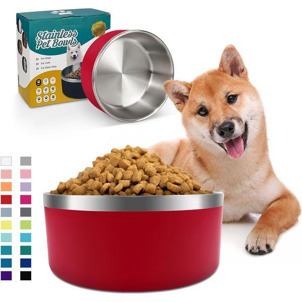 IKITCHEN Dog Bowl for Food and Water, 64 Oz Stainless Steel Pet Feeding Bowl, Durable Non-Skid Double Wall Insulated Heavy Duty with Rubber Bottom for Medium Large Sized Dogs (64 Ounces/8 Cup, Red) 0