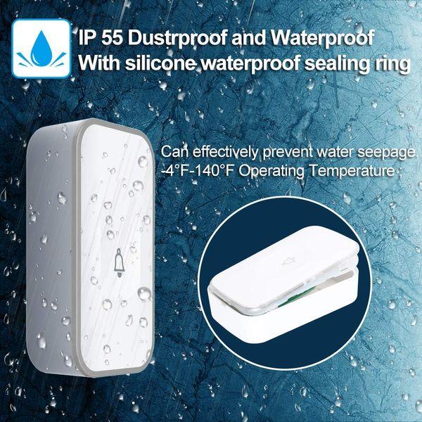 Wireless Doorbell IP55 Outdoor Waterproof Wireless Doorbell Set, House Doorbell with LED Display, 36 Ringtones, 4 Volume Levels, 300 m Range - White 3