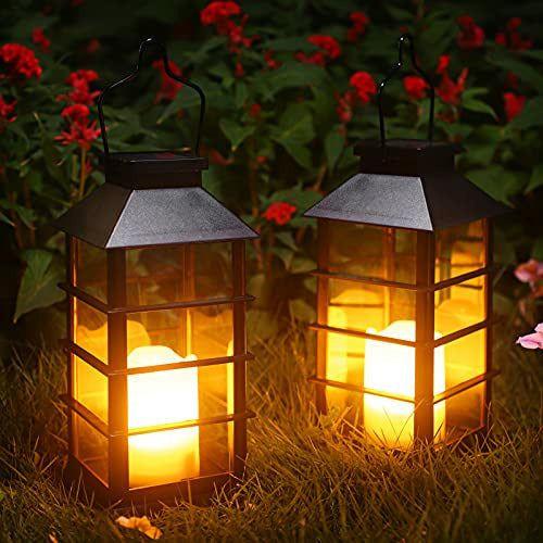 2 Pack Solar Lantern, Ulmisfee Outdoor Garden Hanging Lantern-Waterproof LED Decorative Plastic Flickering Flameless Candle Mission Lights for Christmas, Table, Outdoor, Party (Black) 0