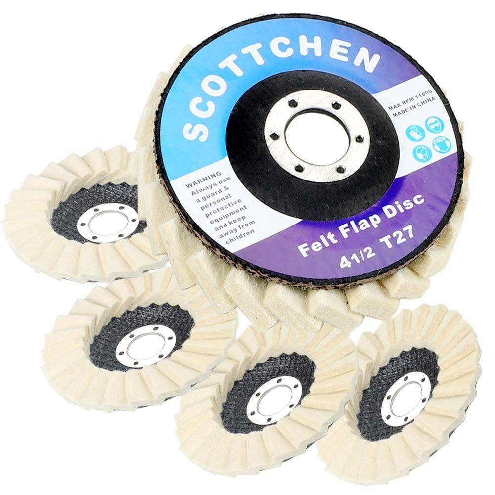 scottchen PRO Felt Flap Disc Abrasives 11.43cm x 2.2cm Arbor Buffing Wheel for Angle Grinder - 5 Pack Wool Polishing Disc 0