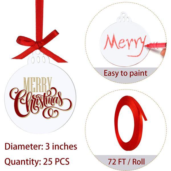25 Pieces 3 Inch Clear Round Acrylic Ornaments Clear Acrylic Christmas Ornaments with Red Ribbon DIY Blank Round Acrylic Ornament for Christmas Tree Party Hanging Decoration Supplies 1