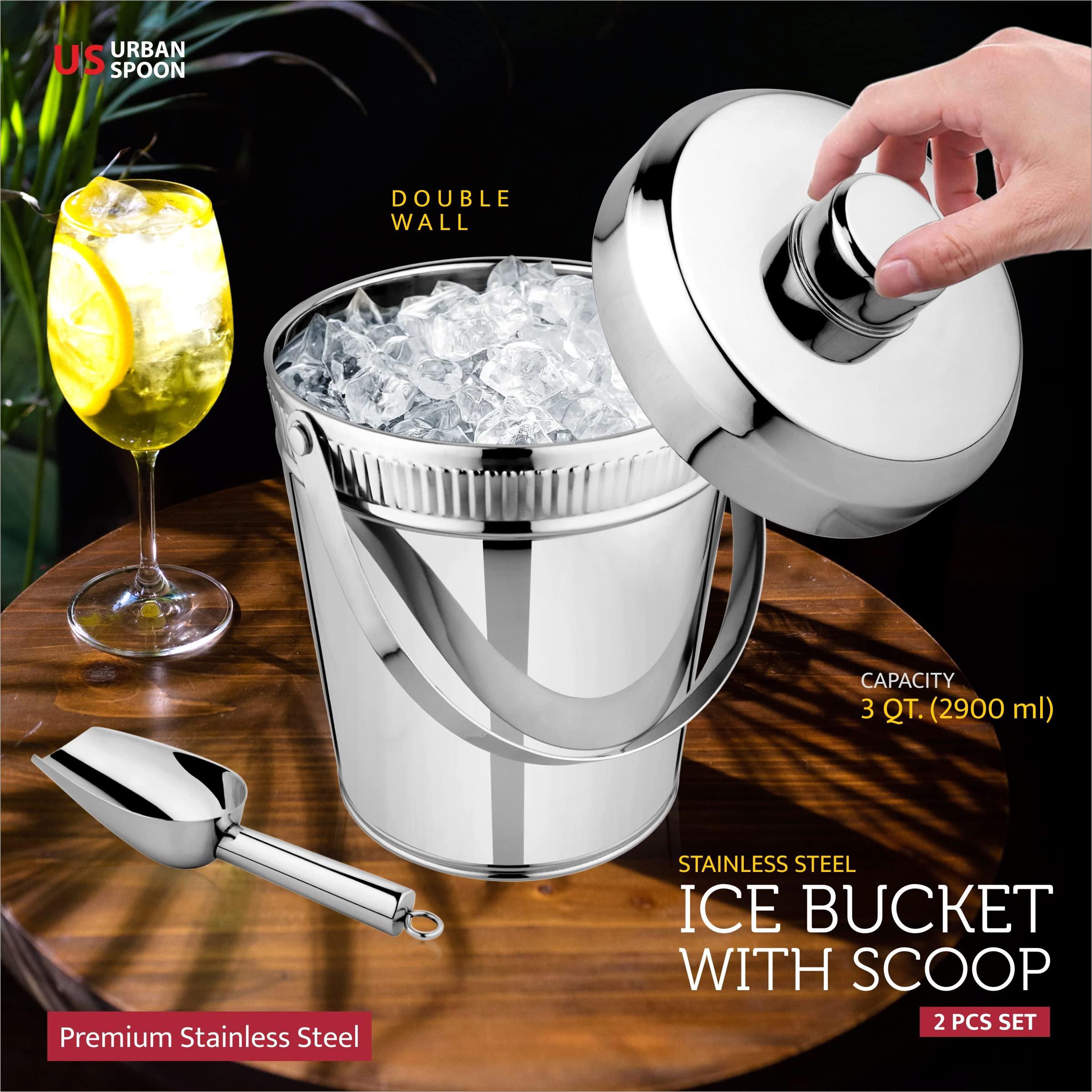 URBAN SPOON Double Wall Ice Bucket with Lid, Stainless Steel Ice Scoop Keeps Ice Cold & Dry, Comfortable Carry Handle, Home Bar Set, Chilling Beer, Champagne and Wine, 3 Quart 2