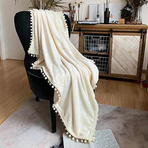 LOMAO Pom Pom Throw Blanket , Soft Fleece Pompom Fringe Blanket for Couch Bed Sofa | Decorative Cozy Plush Warm Flannel Velvet Tassel Flannel Blanket (Creamy, 230*230) 0